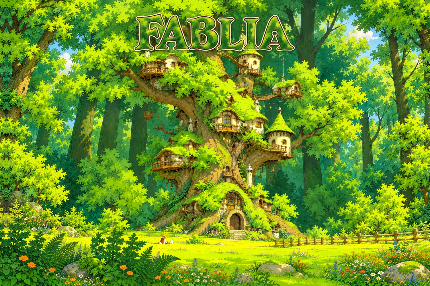 FABLIA のロゴと、家の建つ大樹と草原